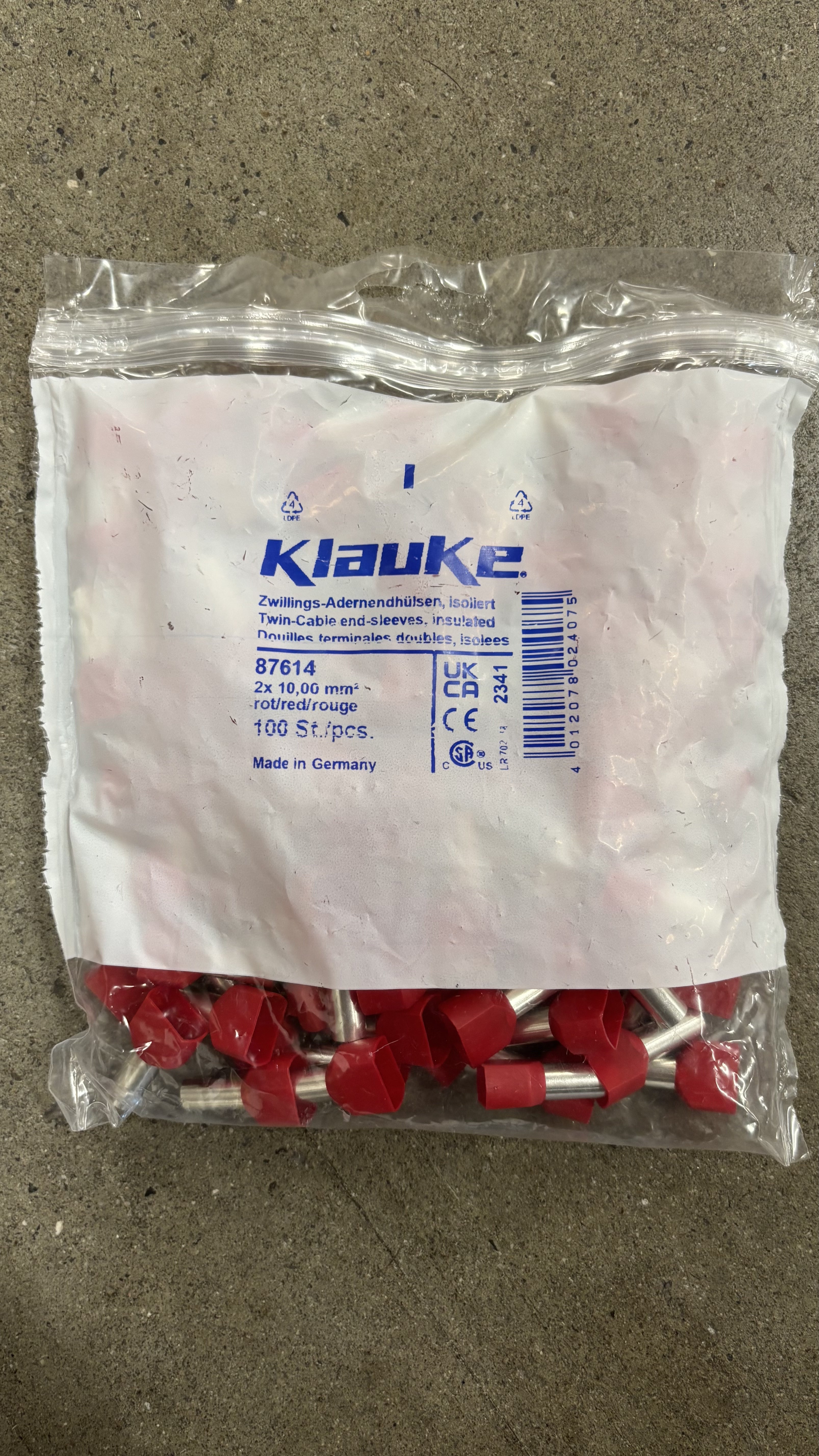 Klauke Zwillings-Aderendhülse 2x10qmm L=14mm isoliert 100Stk. rot 87614