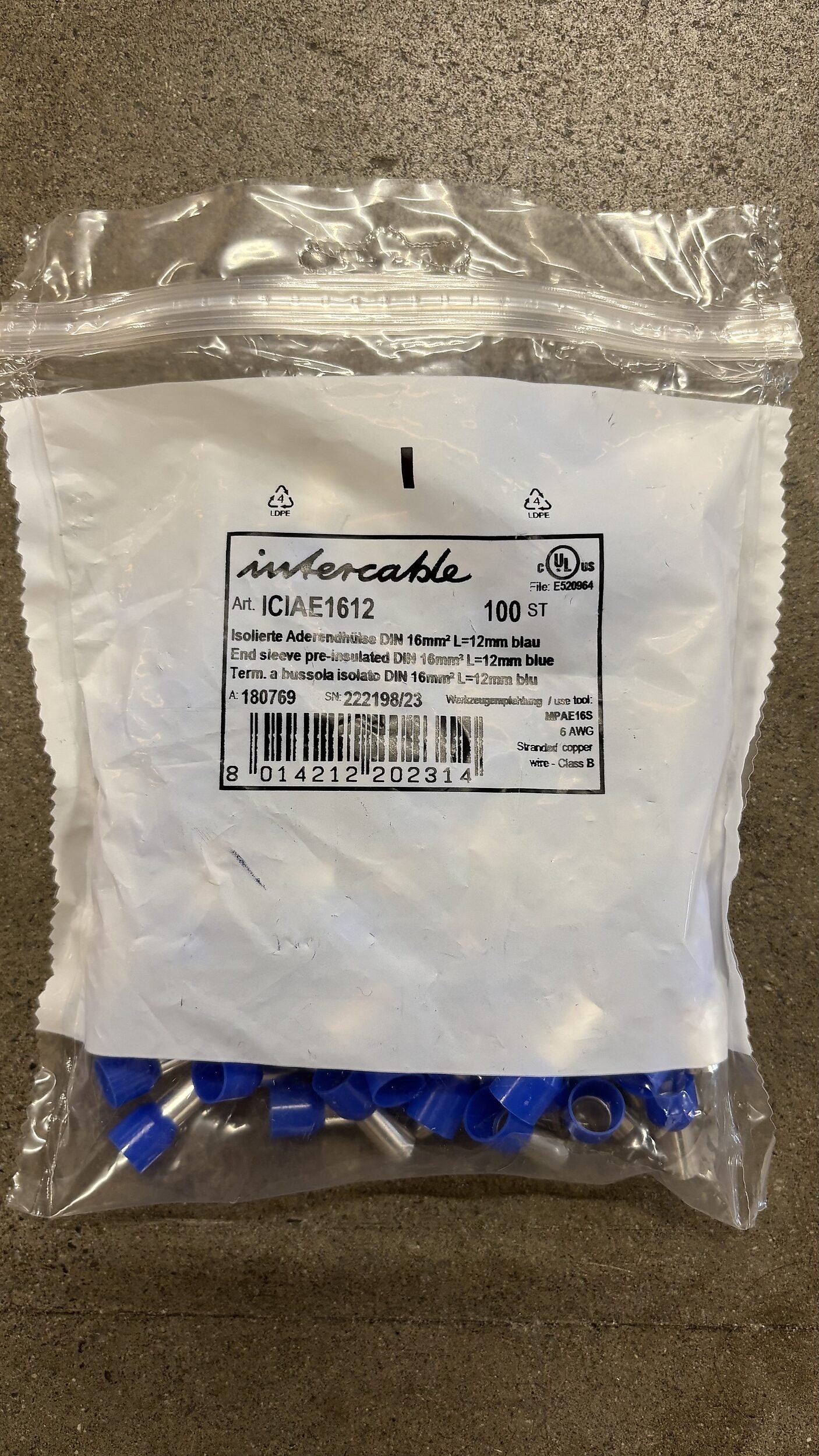 Intercable Aderendhülsen 16qmm L=12mm isoliert 100 Stk. blau ICIAE1612