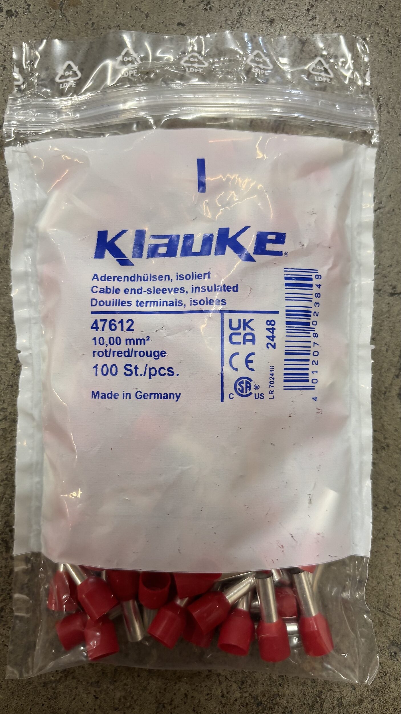 Klauke Aderendhülsen 10qmm L=12mm isoliert 100 Stk. rot 47612