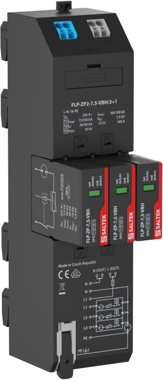 Saltek Überspannungsschutz TNS/TT für Sammelschiene 40mm, inkl. Spannungsabgriff  FLP-ZP2-7,5-VBH/3+1